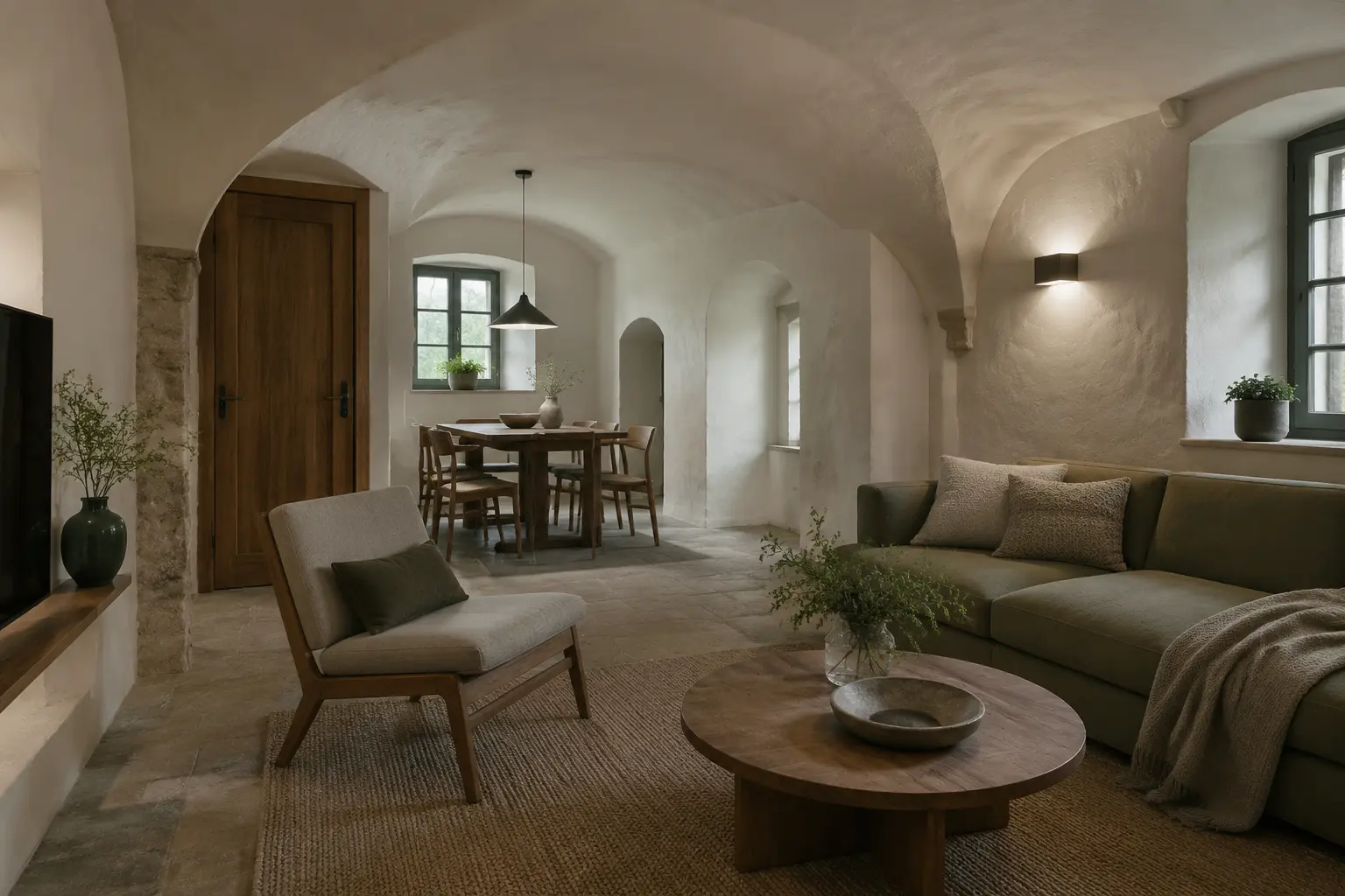 Konzeptvisualisierung einer künftigen Souterrain-Ferienwohnung mit Naturstein und Eiche