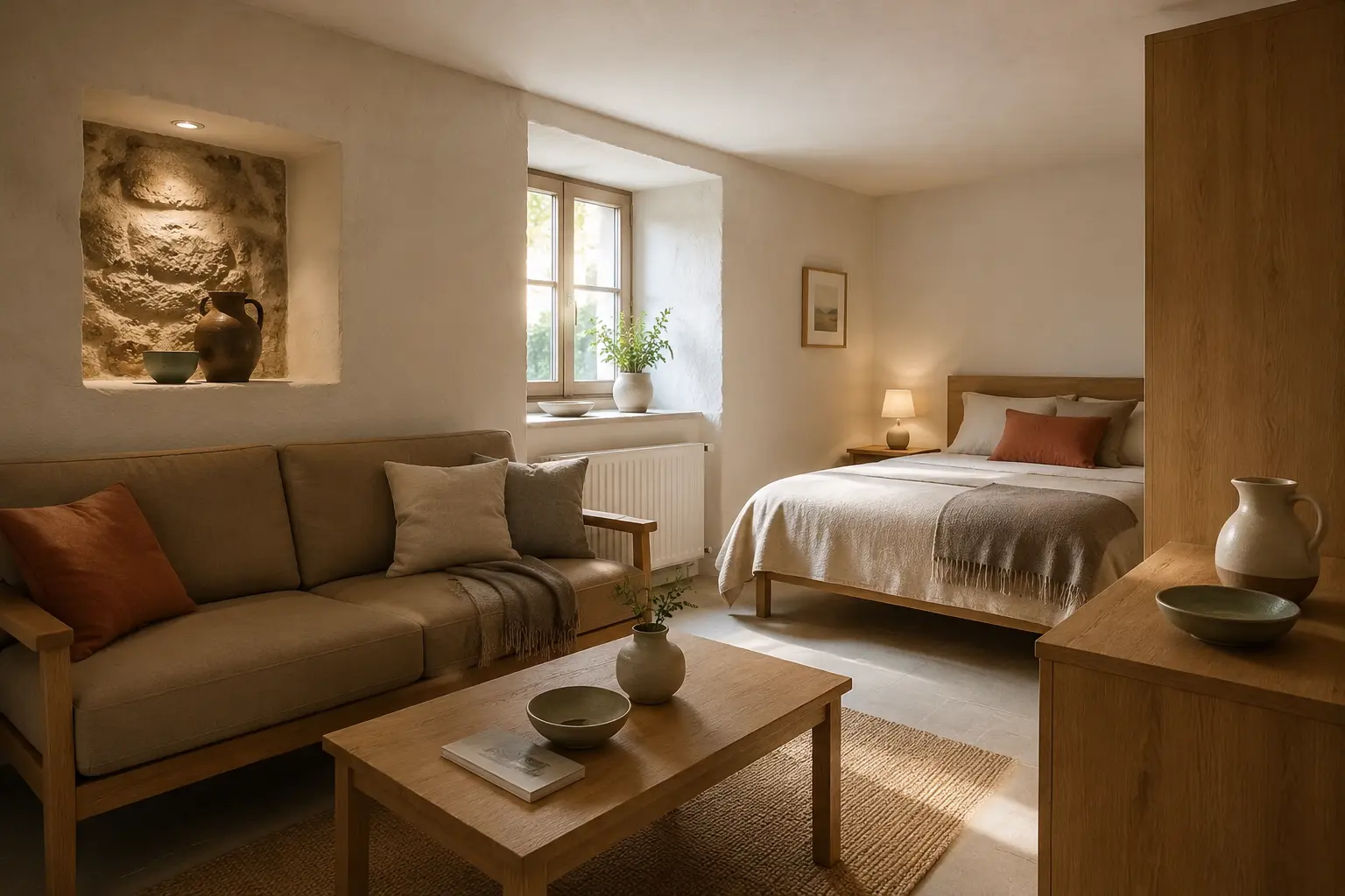Konzeptvisualisierung einer kompakten künftigen Ferienwohnung mit hellen mineralischen Oberflächen